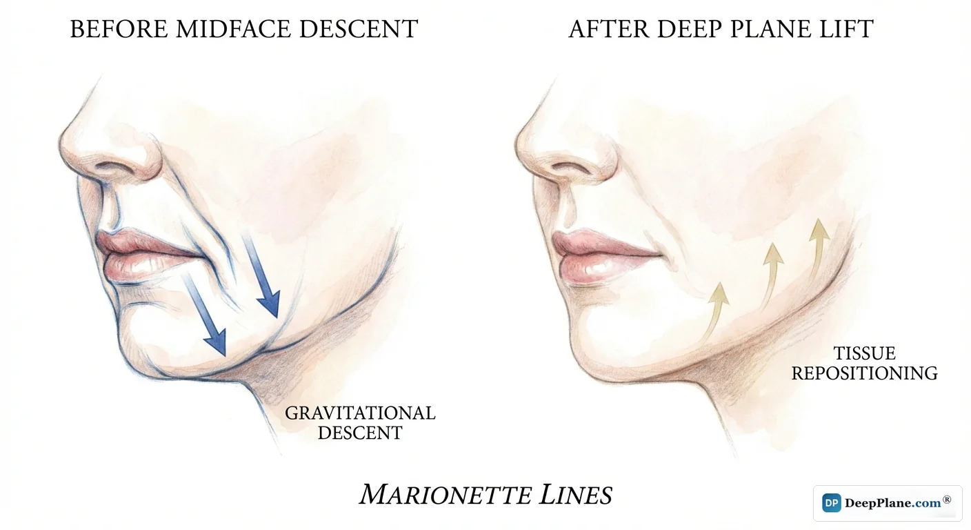 Marionette lines before and after deep plane facelift correction