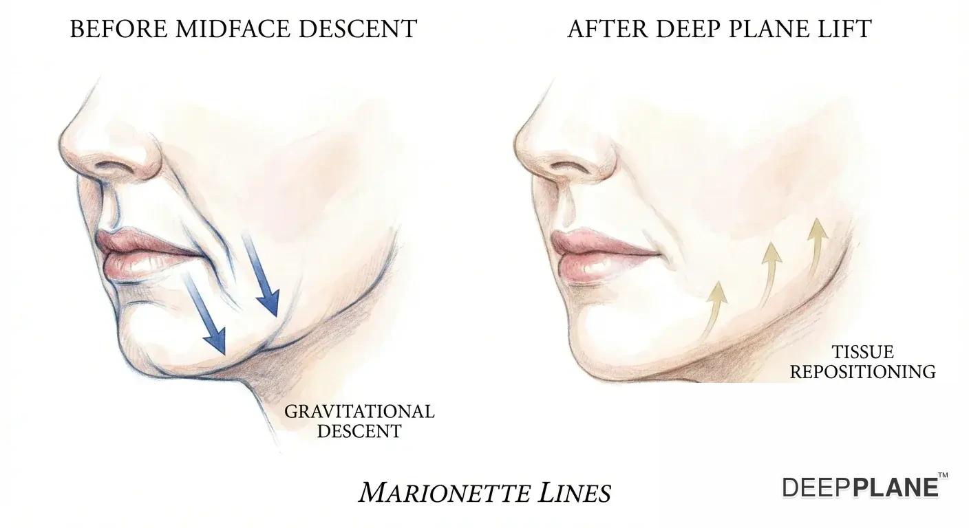 Marionette lines before and after deep plane facelift correction