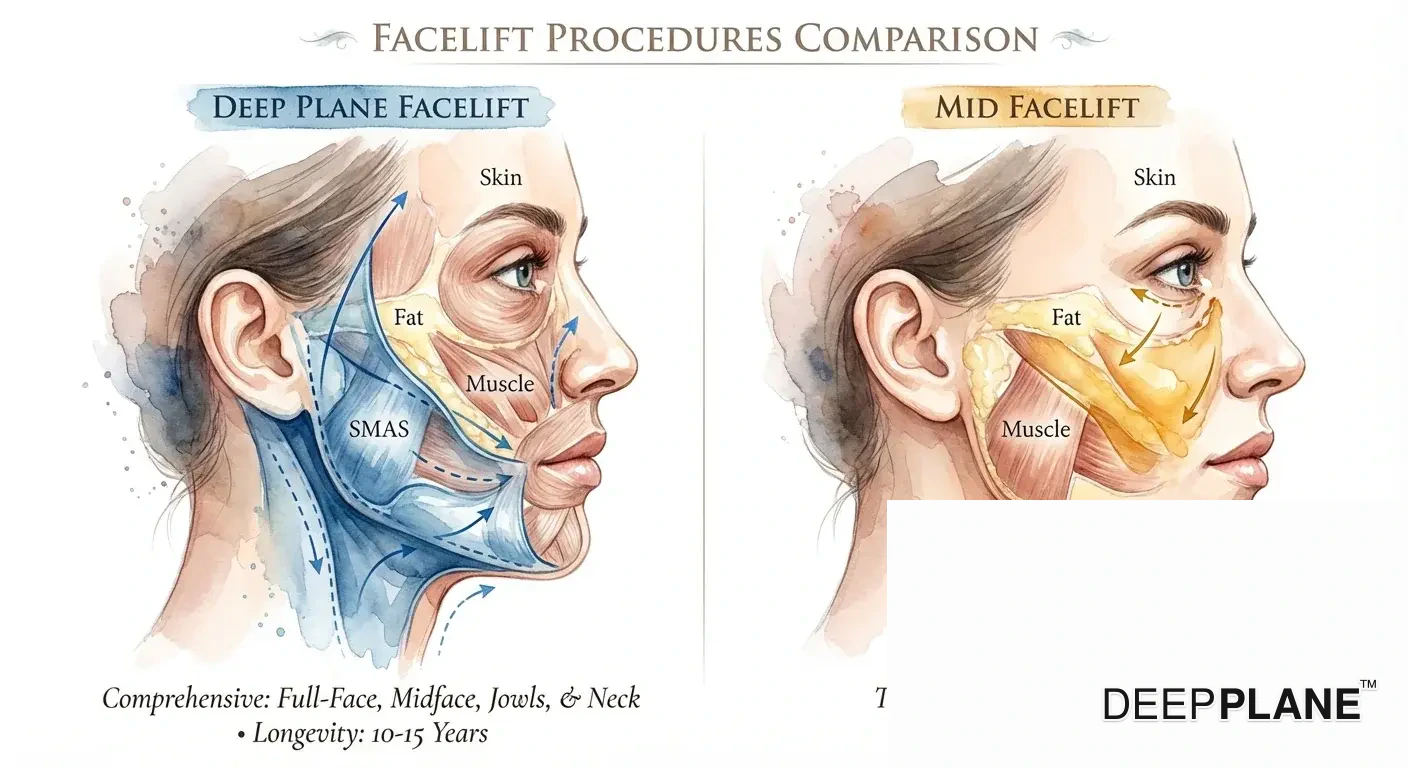 Deep plane versus midface lift vergelijking: volledige gezichtsbedekking versus alleen middengezicht