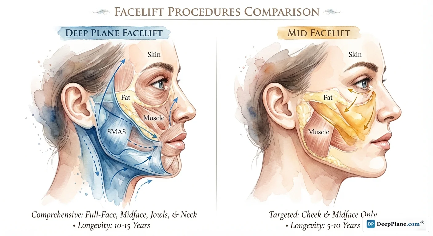 Deep plane versus mid facelift comparison: full face coverage versus midface only