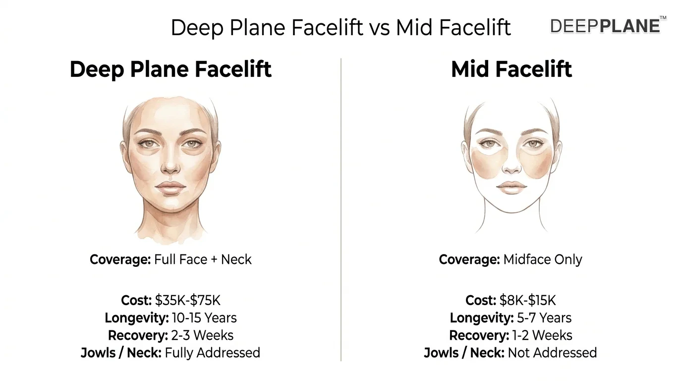 Deep plane versus mid facelift comparison: full face coverage versus midface only