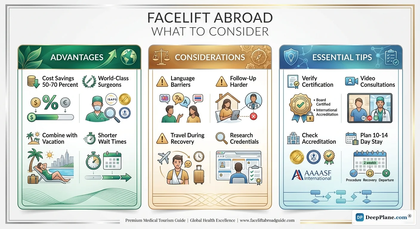 Facelift abroad medical tourism considerations: advantages, risks, and essential tips