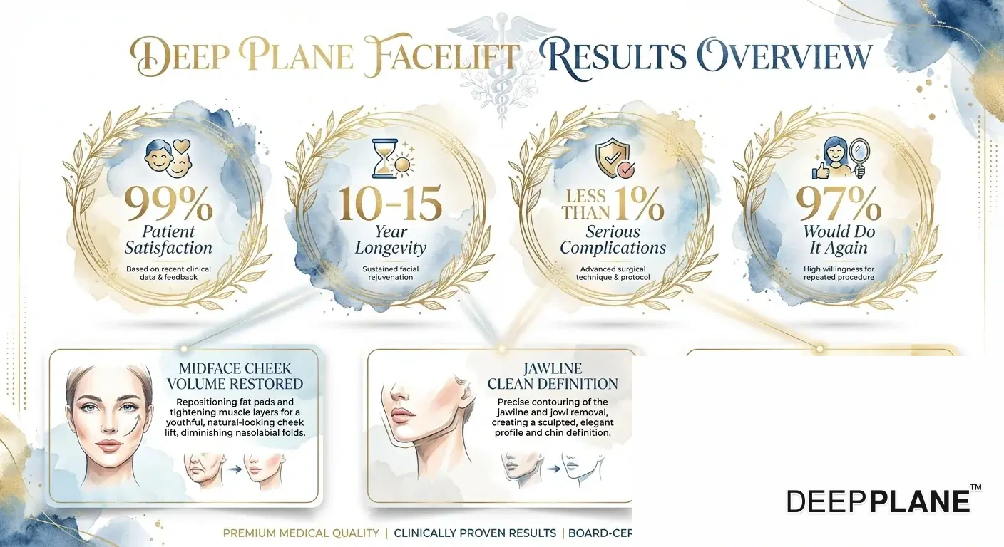 Deep plane facelift results overview: high patient satisfaction, 10-15 year longevity, expected improvements