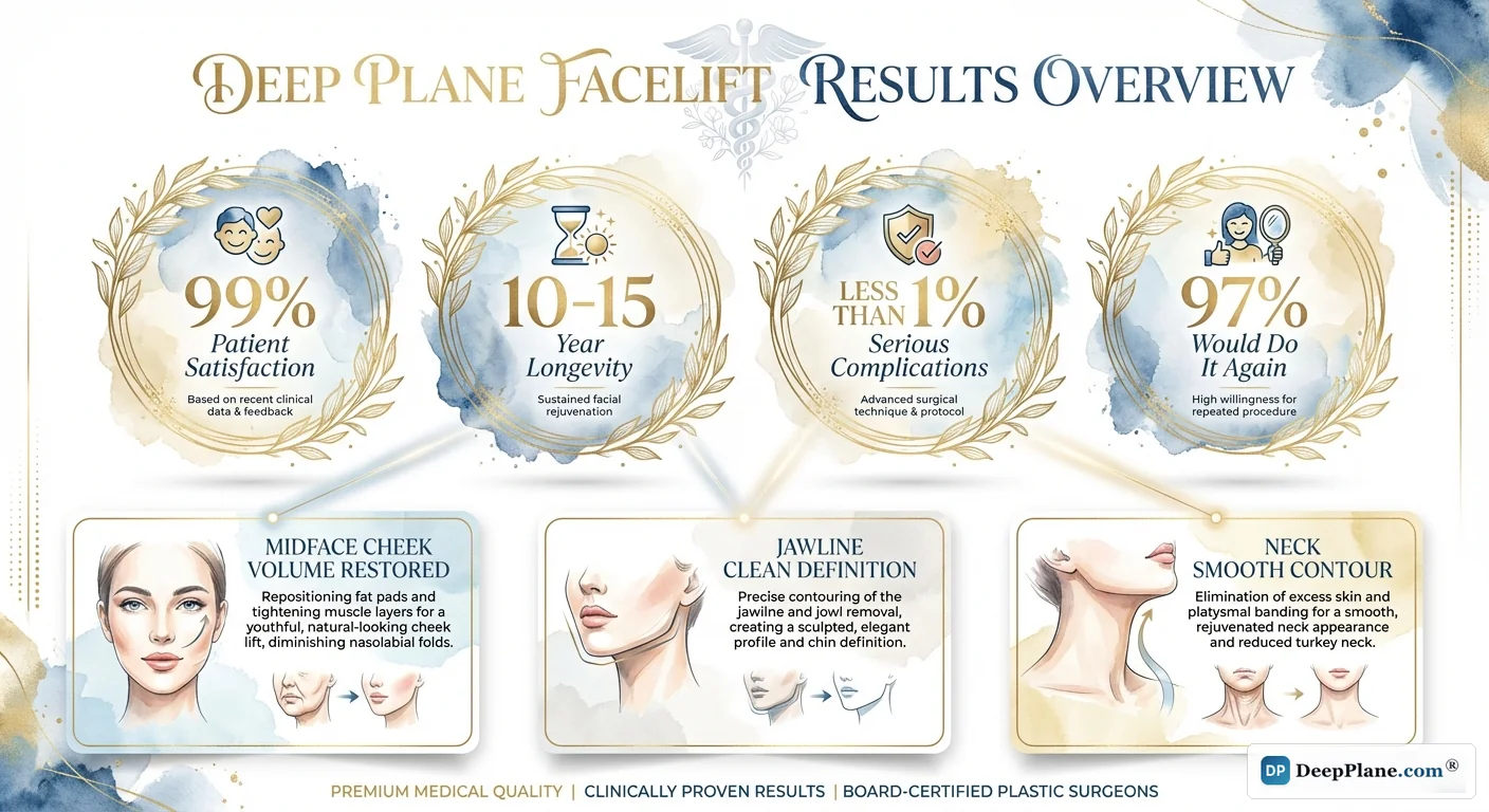 Deep plane facelift results overview: 99% satisfaction, 10-15 year longevity, expected improvements
