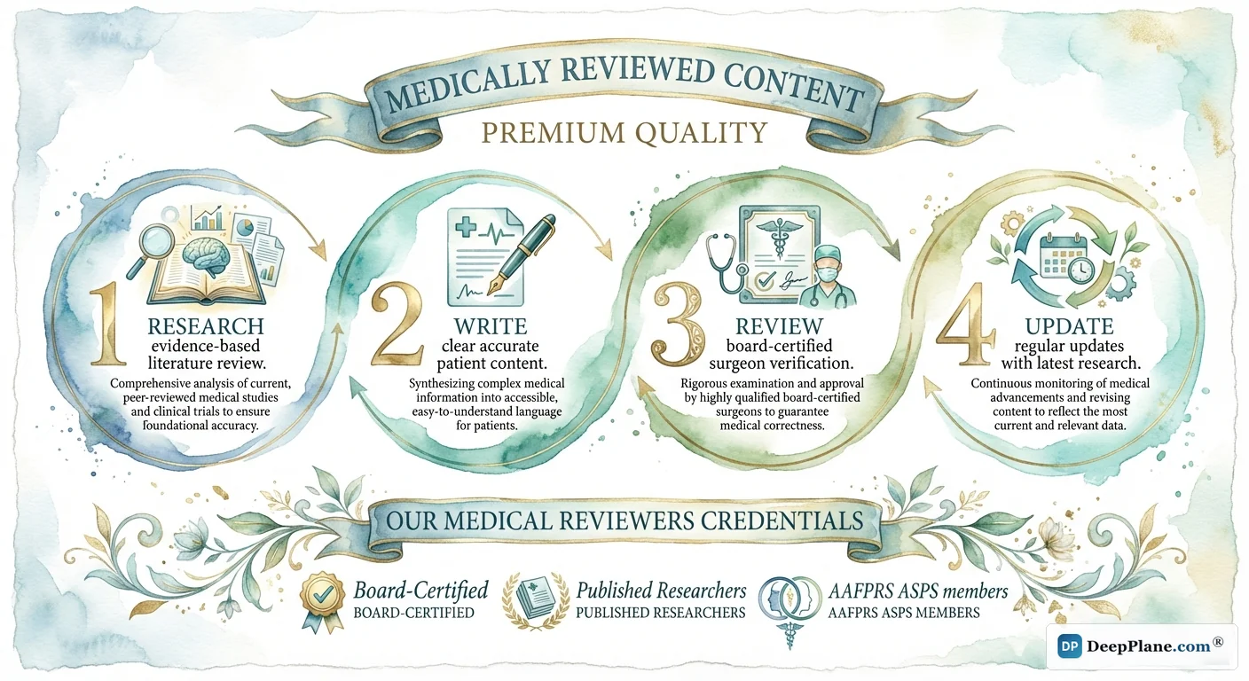 Medical content review process: research, write, review by board-certified surgeon, and regular updates