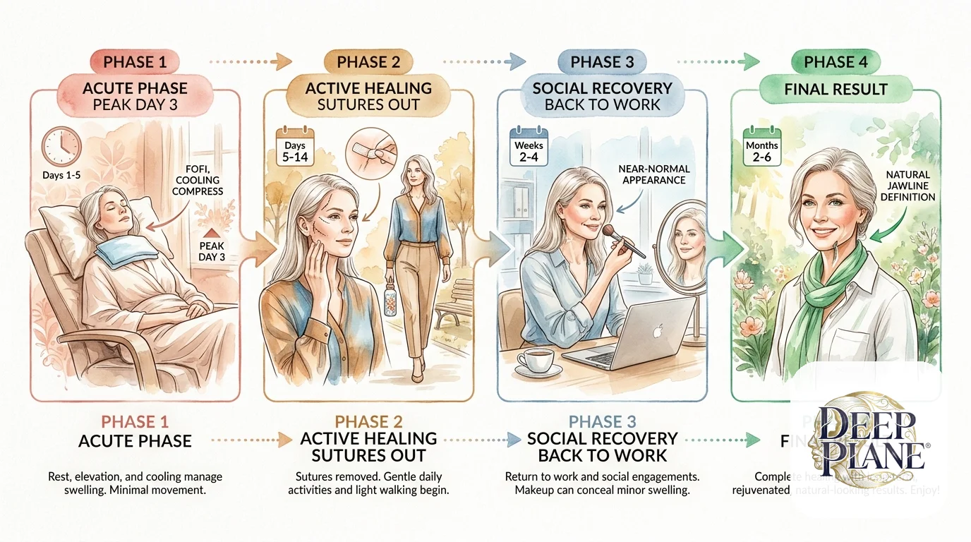 Four phases of deep plane facelift recovery: Phase 1 (Days 1-5) acute phase with peak swelling on day 3, Phase 2 (Days 5-14) active healing with sutures removed, Phase 3 (Weeks 2-4) social recovery back to work, Phase 4 (Months 2-6) final natural result