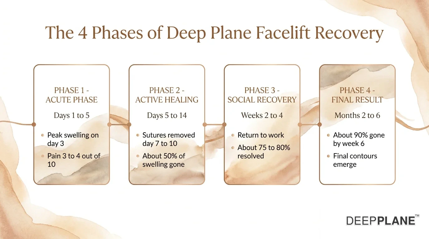 أربع مراحل للتعافي من deep plane facelift: المرحلة 1 (الأيام 1-5) المرحلة الحادة مع ذروة التورم في اليوم 3، المرحلة 2 (الأيام 5-14) الشفاء النشط مع إزالة الغرز، المرحلة 3 (الأسابيع 2-4) التعافي الاجتماعي والعودة إلى العمل، المرحلة 4 (الأشهر 2-6) النتيجة الطبيعية النهائية