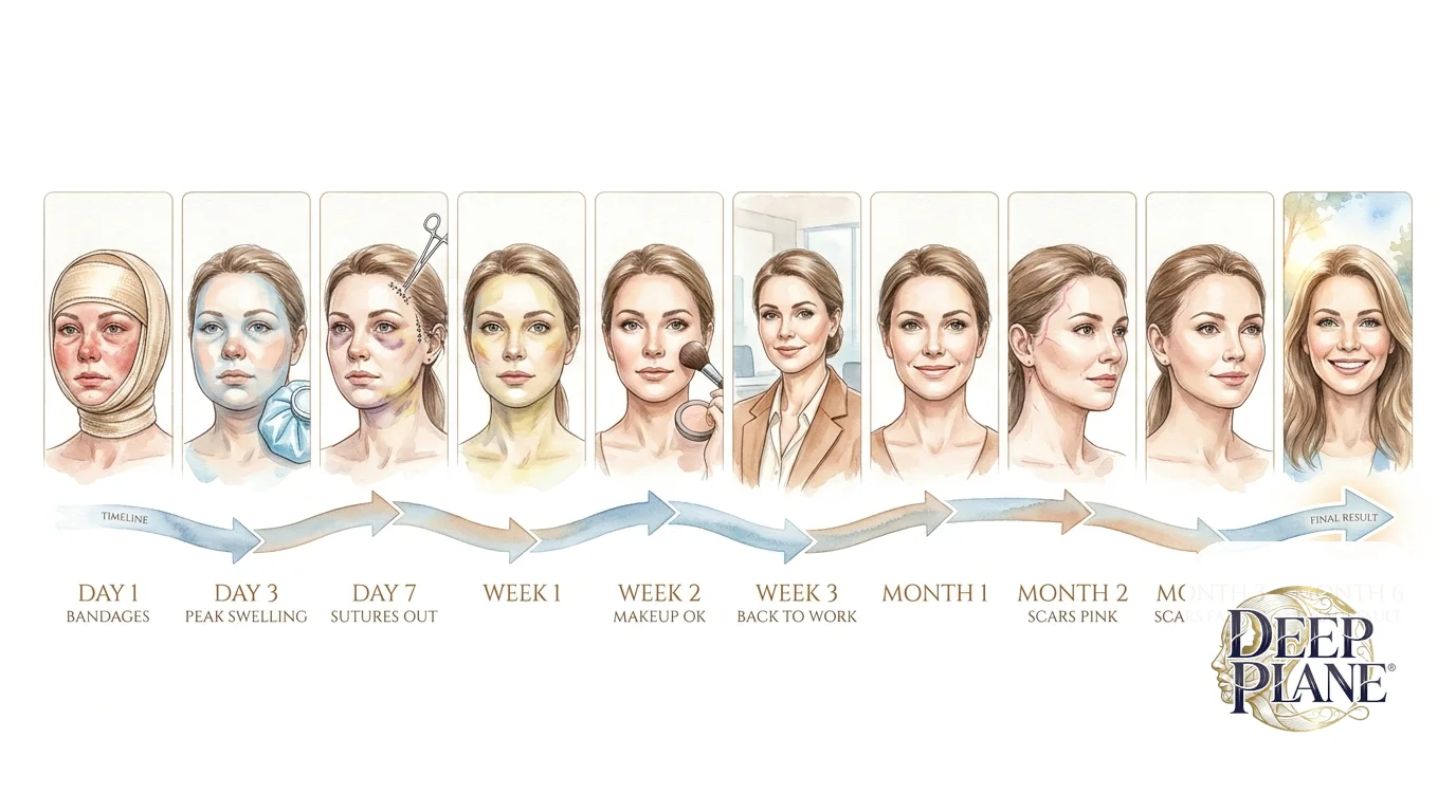 Ten-stage deep plane facelift healing journey from Day 1 bandages through peak swelling at Day 3, sutures out at Day 7, fading bruising at Week 1-2, back to work at Week 3, near-final at Month 1, fading scars at Months 2-3, and final natural result at Month 6