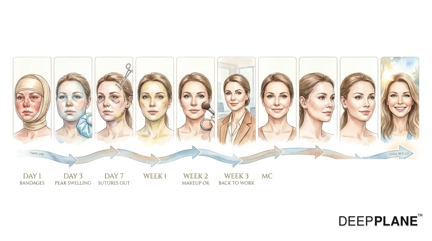 Ten-stage deep plane facelift healing journey from Day 1 bandages through peak swelling at Day 3, sutures out at Day 7, fading bruising at Week 1-2, back to work at Week 3, near-final at Month 1, fading scars at Months 2-3, and final natural result at Month 6
