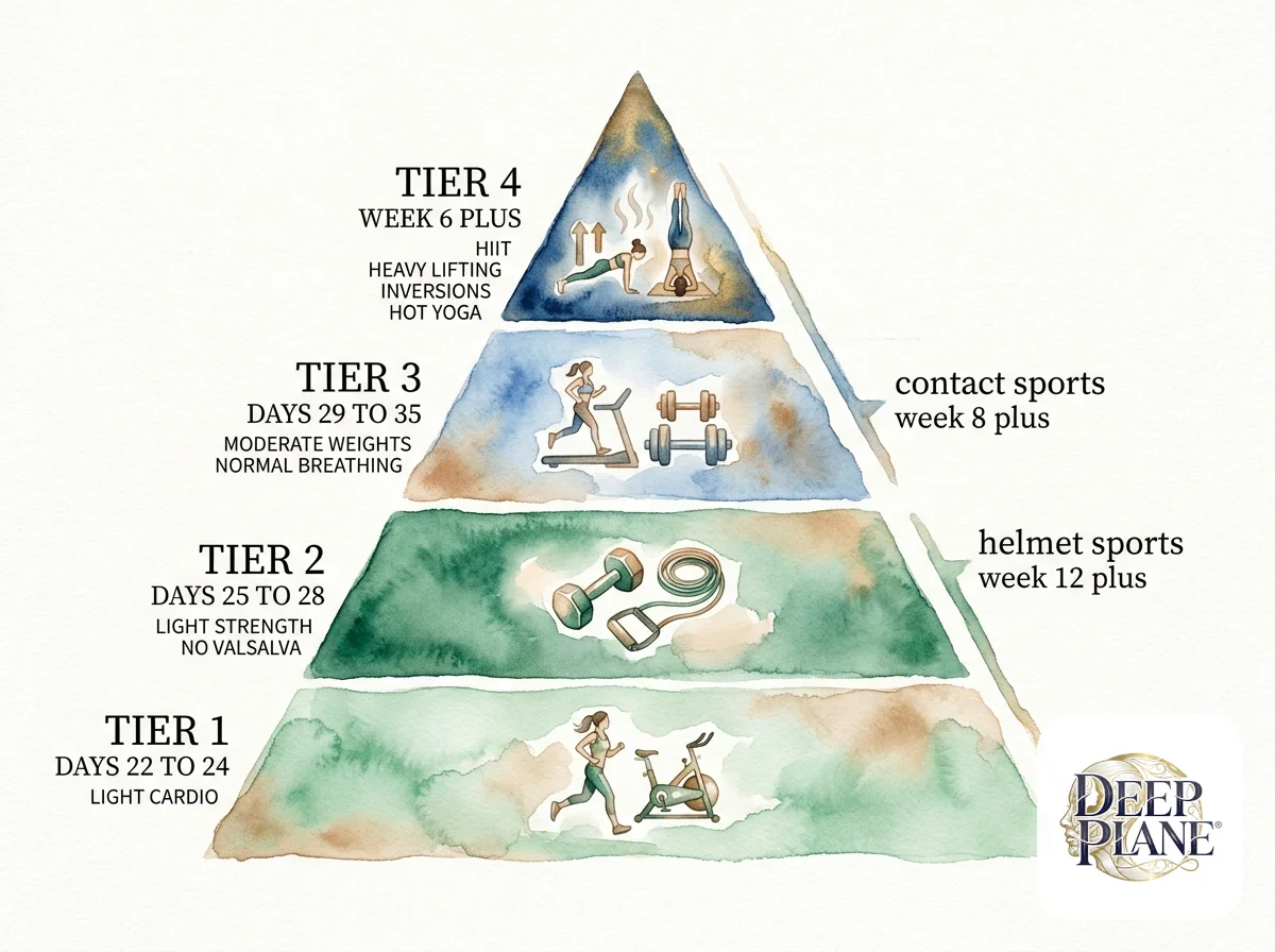 Four-tier exercise return pyramid after deep plane facelift: Tier 1 (Days 22-24) light cardio base, Tier 2 (Days 25-28) light strength no Valsalva, Tier 3 (Days 29-35) moderate weights with normal breathing, Tier 4 (Week 6+) HIIT and heavy lifting at the peak; contact sports week 8+, helmet sports week 12+