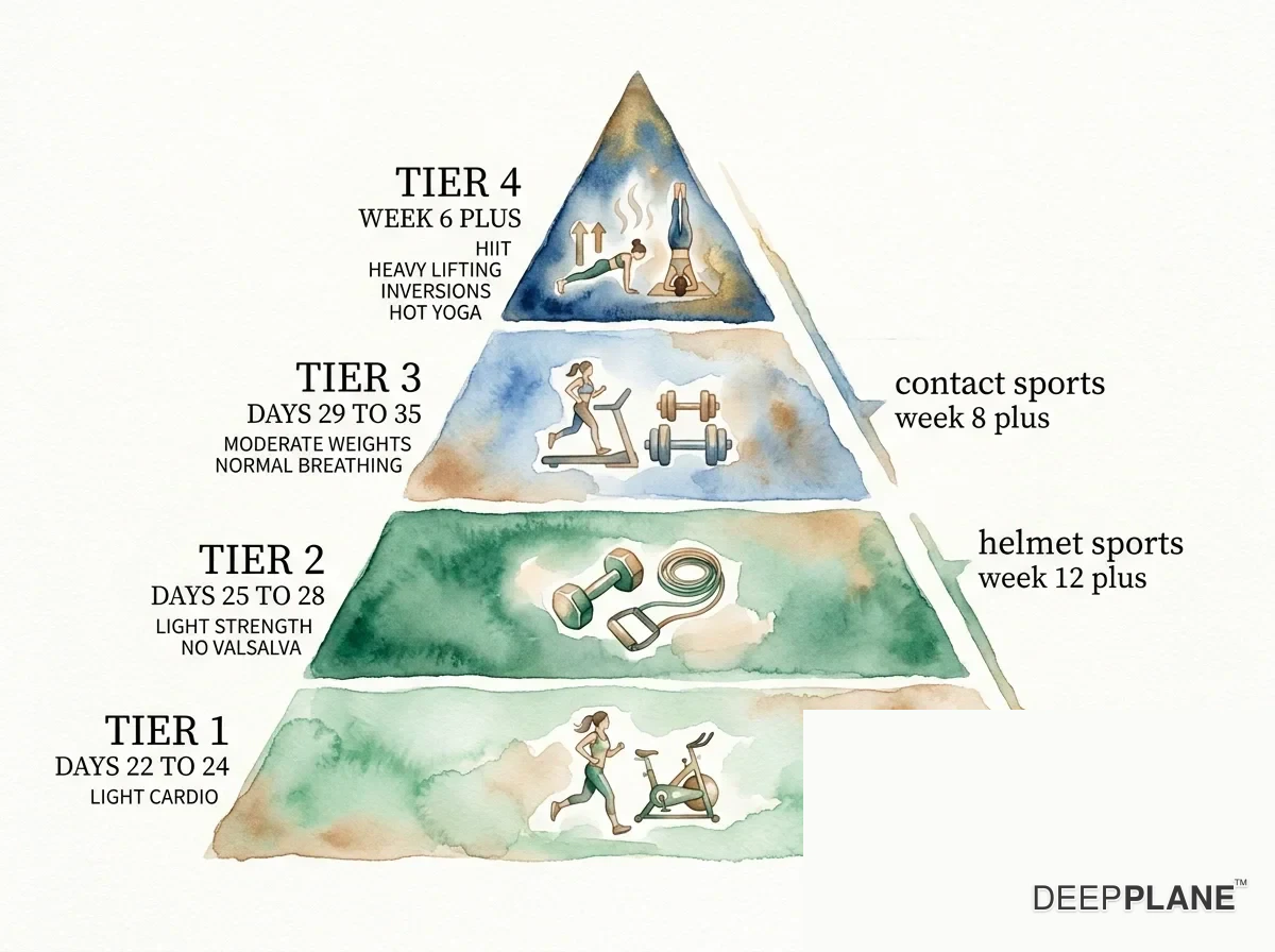 Four-tier exercise return pyramid after deep plane facelift: Tier 1 (Days 22-24) light cardio base, Tier 2 (Days 25-28) light strength no Valsalva, Tier 3 (Days 29-35) moderate weights with normal breathing, Tier 4 (Week 6+) HIIT and heavy lifting at the peak; contact sports week 8+, helmet sports week 12+