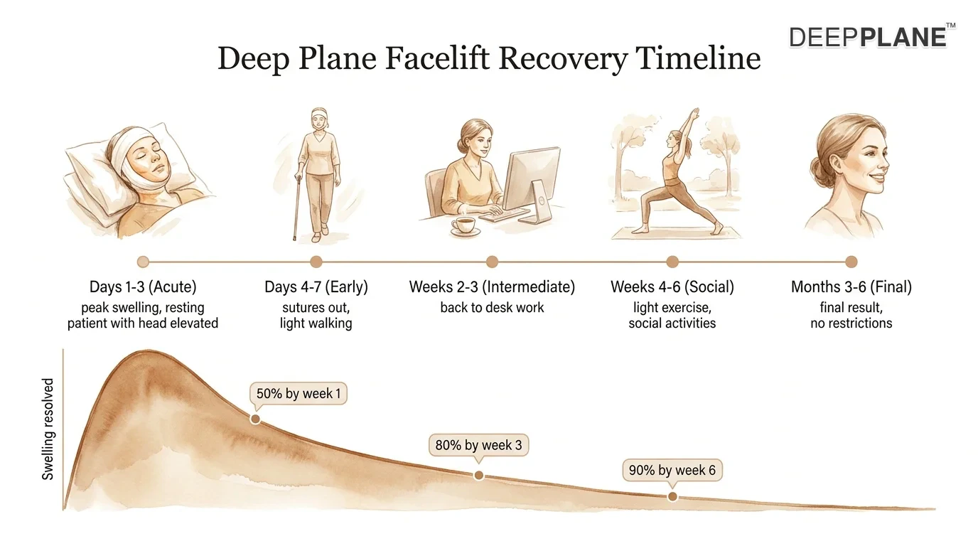 Deep plane facelift master recovery timeline showing five milestones: days 1–3 peak swelling, days 4–7 sutures out, and onward to the final result.