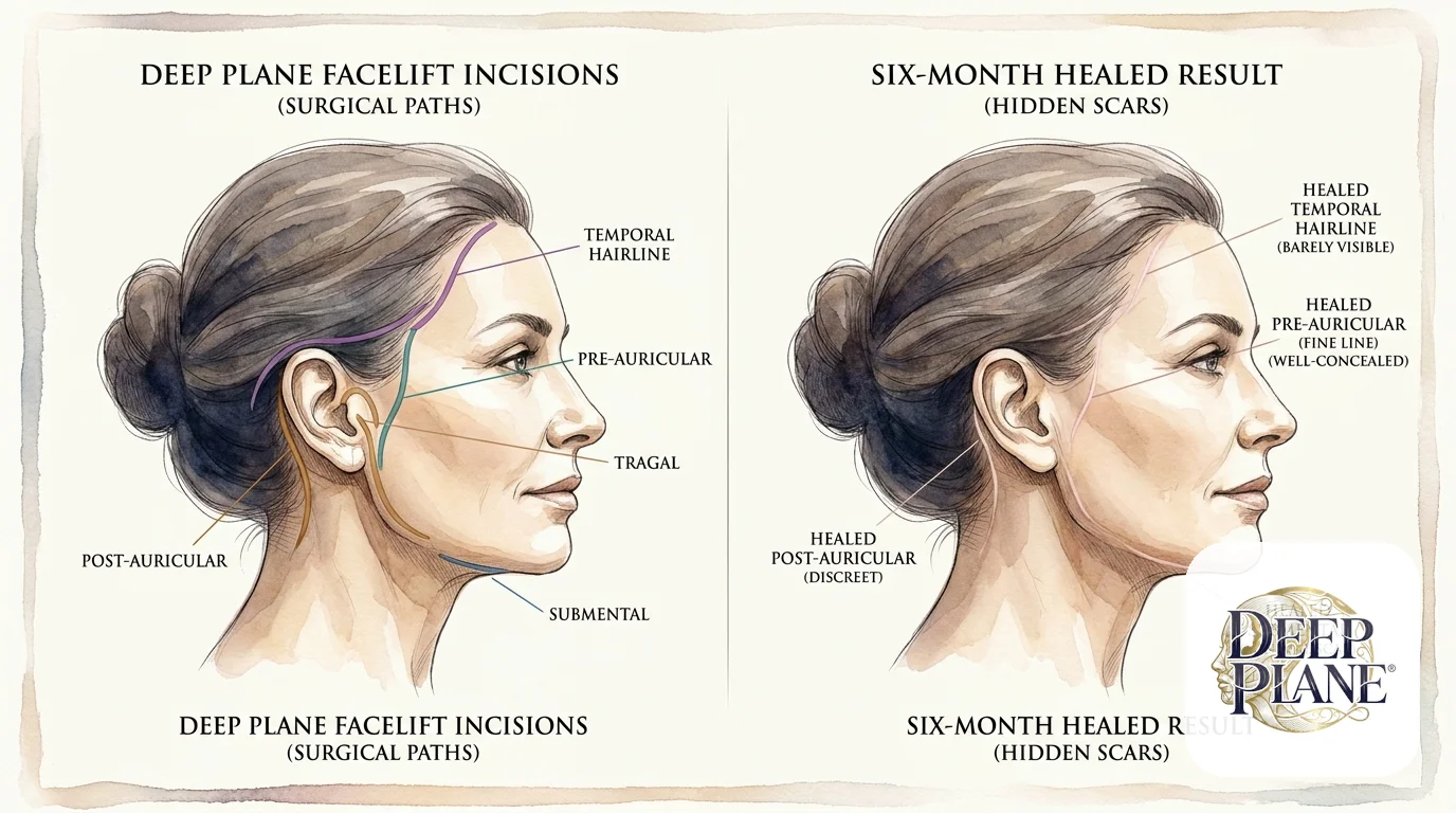 Facelift incision patterns showing traditional (red), short scar (blue), and deep plane (green) approaches around the ear and hairline
