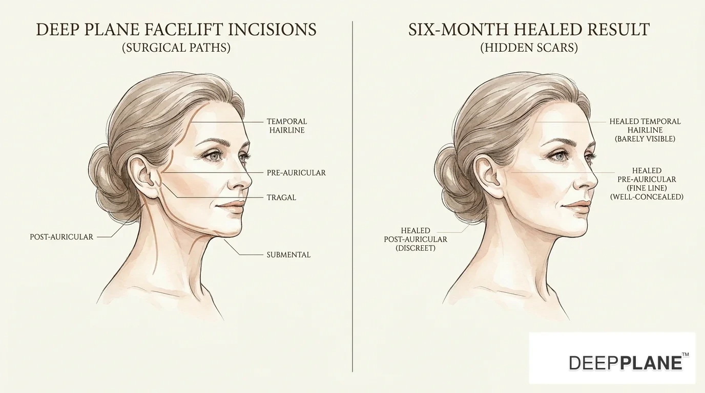 Five deep plane facelift incision locations on a lateral face view: temporal hairline along the temple hair shadow line, pre-auricular vertical line in front of the ear, tragal inside the cartilage notch, post-auricular behind the ear into the hairline, submental small line under the chin; right side shows the same incisions healed into nearly invisible thin scars at month 6