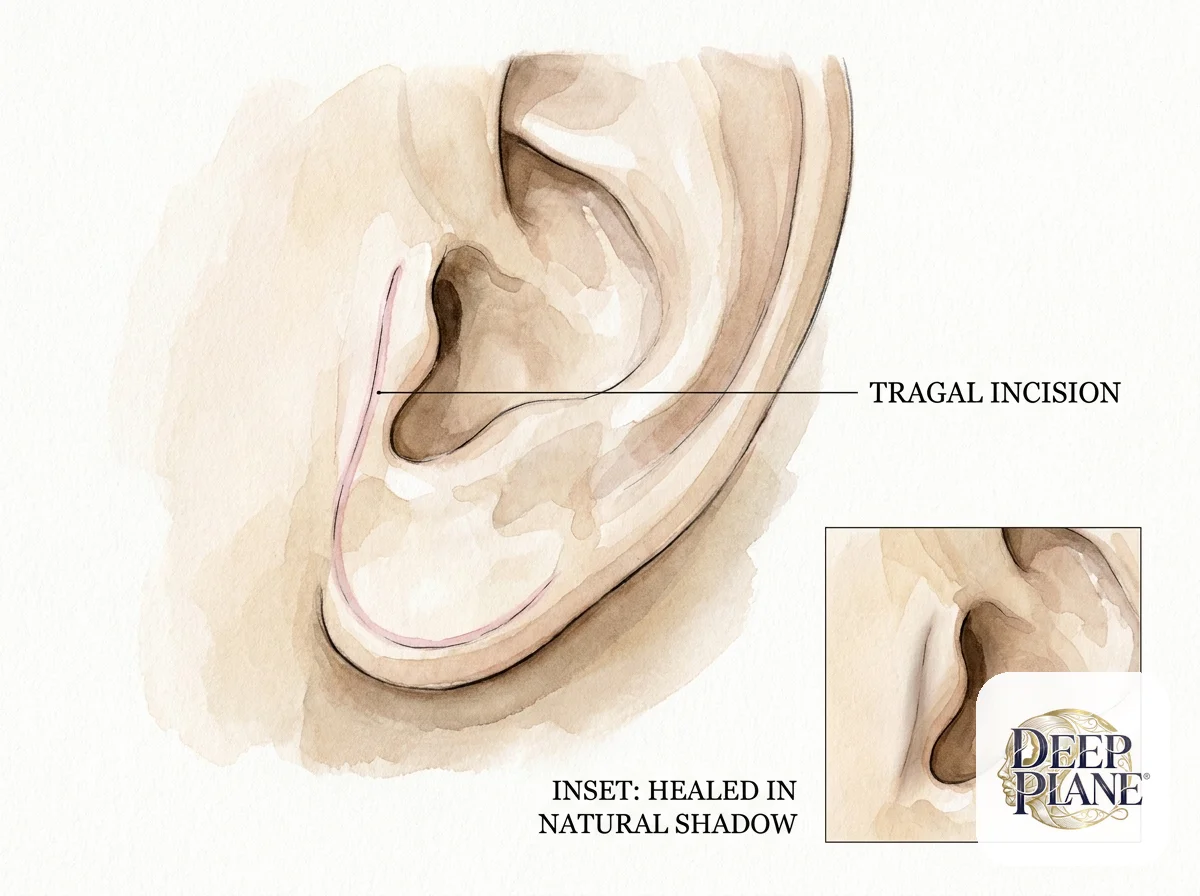 Anatomical detail of a tragal incision after deep plane facelift: thin elegant line running inside the cartilage notch of the tragus, hidden in natural shadow