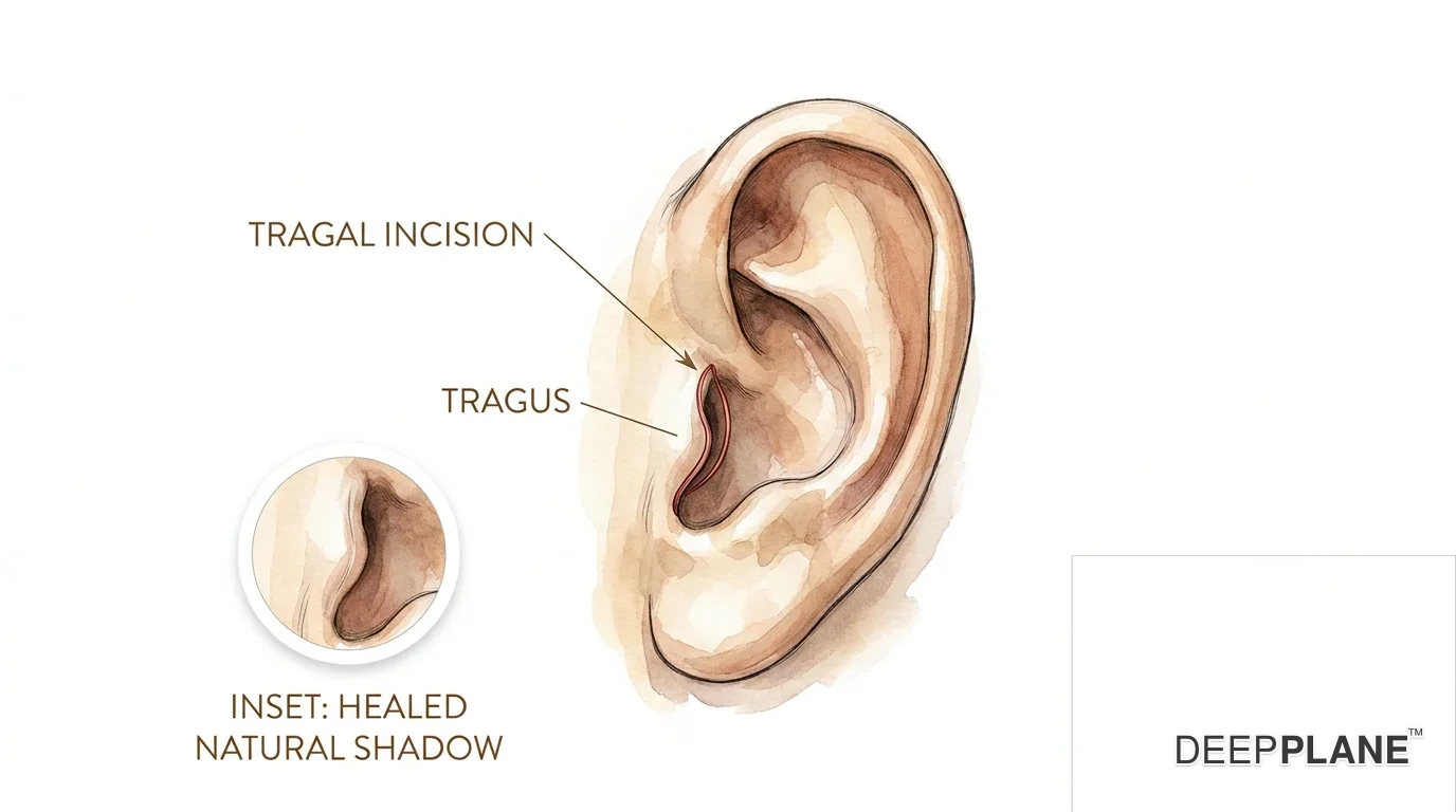 Anatomical detail of a tragal incision after deep plane facelift: thin elegant line running inside the cartilage notch of the tragus, hidden in natural shadow