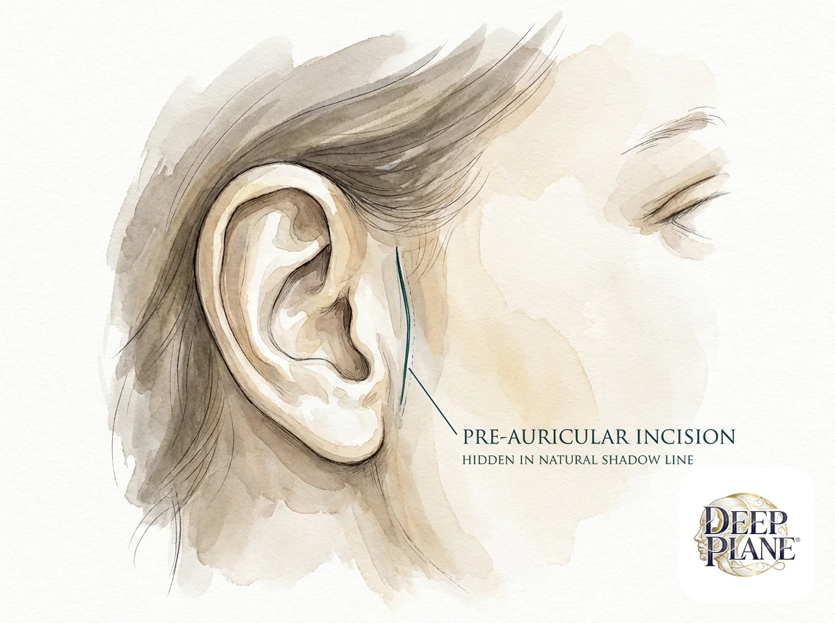 Pre-auricular incision detail after deep plane facelift: thin vertical line in front of the ear hidden in the natural shadow line
