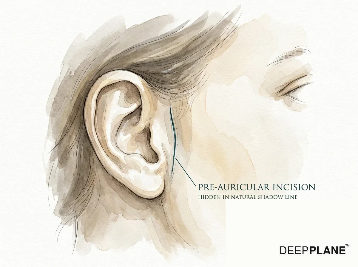 Pre-auricular incision detail after deep plane facelift: thin vertical line in front of the ear hidden in the natural shadow line