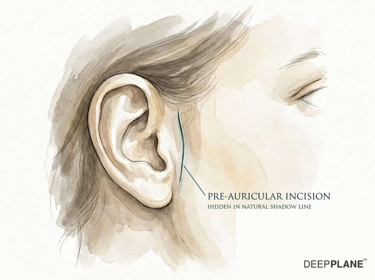 Pre-auricular incision detail after deep plane facelift: thin vertical line in front of the ear hidden in the natural shadow line