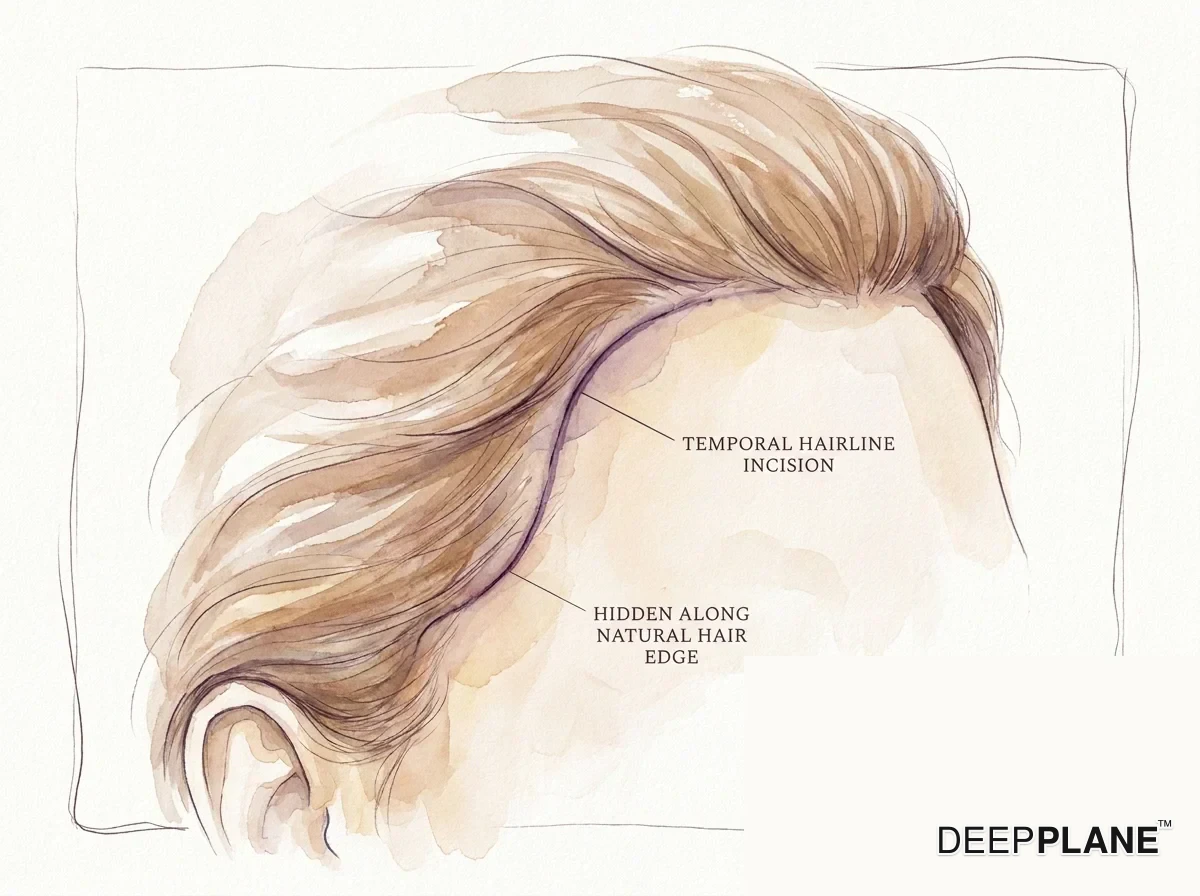 Temporal hairline incision detail after deep plane facelift: thin line along the natural temple hairline shadow, concealed by hair