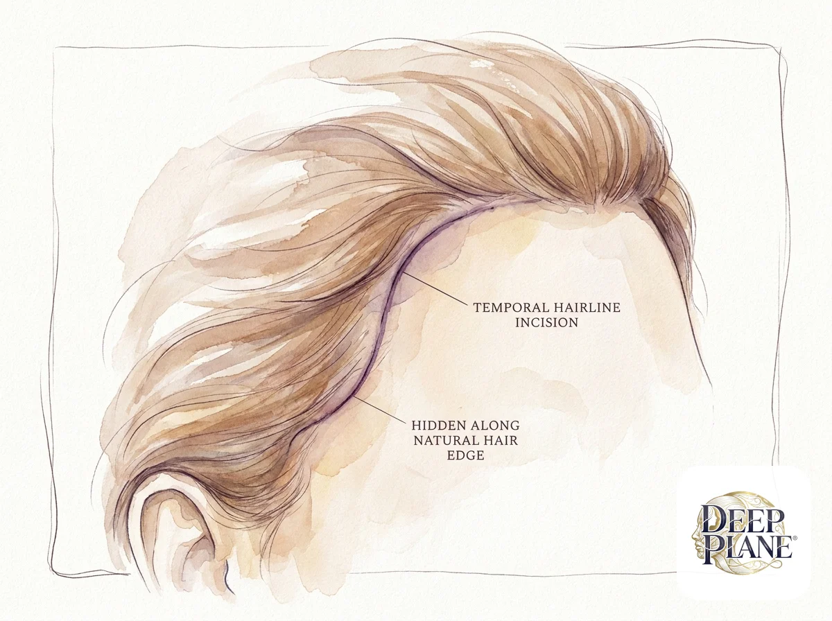 Temporal hairline incision detail after deep plane facelift: thin line along the natural temple hairline shadow, concealed by hair