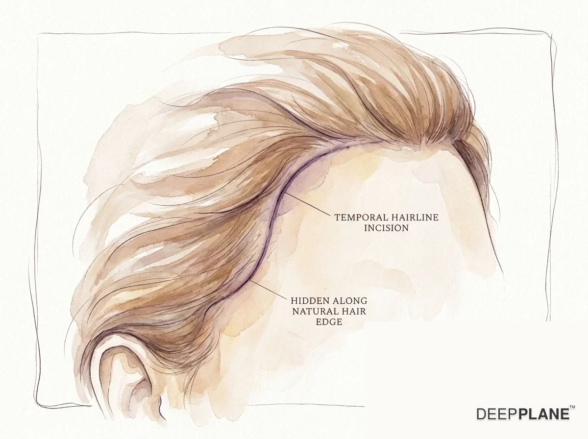 Temporal hairline incision detail after deep plane facelift: thin line along the natural temple hairline shadow, concealed by hair