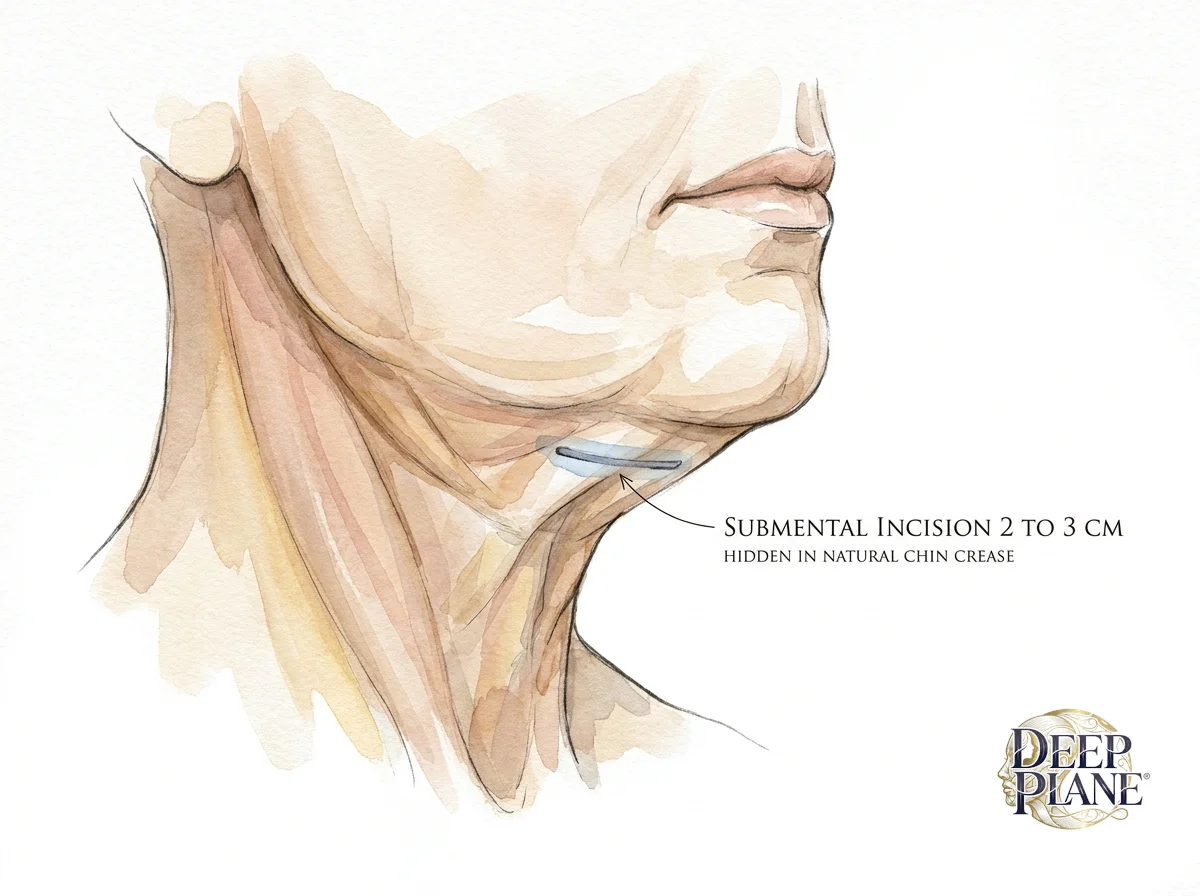 Submental incision detail after deep plane facelift: small 2 to 3 cm horizontal line under the chin in the natural chin crease, used for neck-lift access