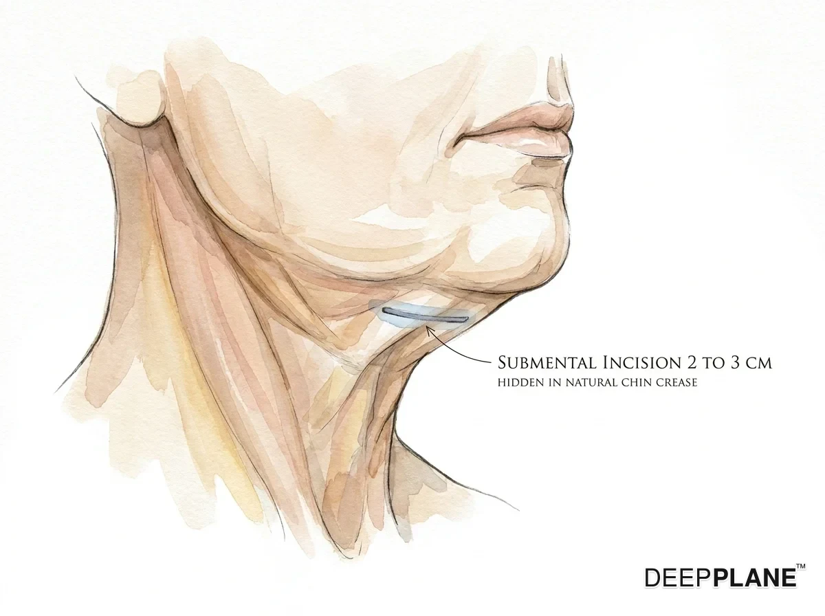 Submental incision detail after deep plane facelift: small 2 to 3 cm horizontal line under the chin in the natural chin crease, used for neck-lift access