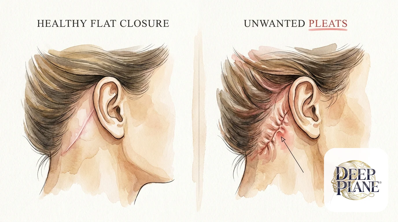 Side-by-side comparison of post-auricular incision healing: healthy flat closure on the left vs unwanted bunching pleats on the right