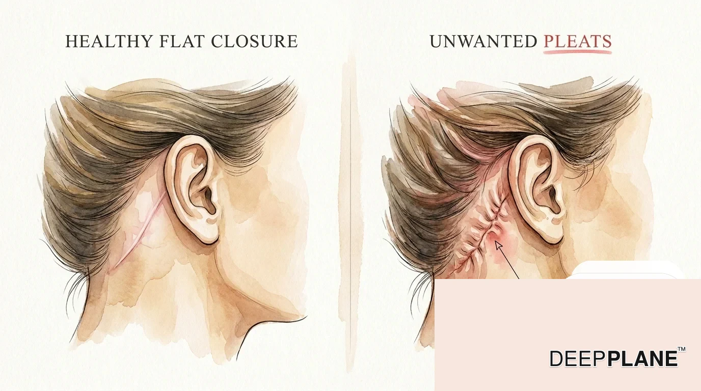 Side-by-side comparison of post-auricular incision healing: healthy flat closure on the left vs unwanted bunching pleats on the right