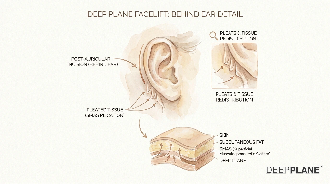 Side-by-side comparison of post-auricular incision healing: healthy flat closure on the left vs unwanted bunching pleats on the right