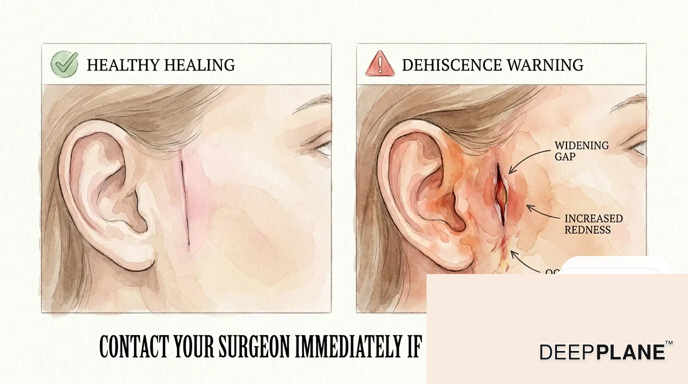 Wound dehiscence warning illustration: healthy closed incision on the left vs separated wound edges with redness and oozing on the right