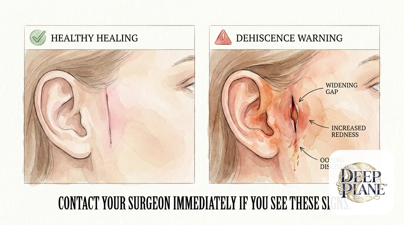 Wound dehiscence warning illustration: healthy closed incision on the left vs separated wound edges with redness and oozing on the right