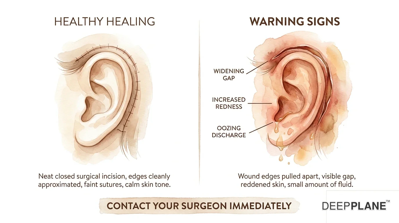 Wound dehiscence warning illustration: healthy closed incision on the left vs separated wound edges with redness and oozing on the right