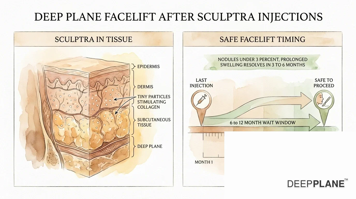 Deep plane facelift after Poly-L-lactic acid filler injections: cross-section showing poly-L-lactic acid particles in tissue plus a 6 to 12 month wait timeline before safe to proceed with facelift