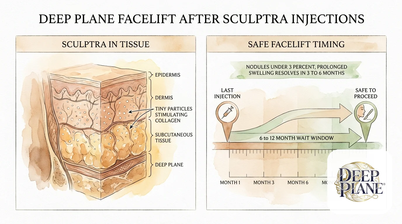 Deep plane facelift after Poly-L-lactic acid filler injections: cross-section showing poly-L-lactic acid particles in tissue plus a 6 to 12 month wait timeline before safe to proceed with facelift