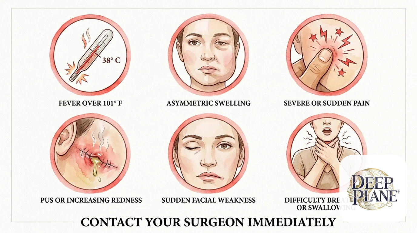 Six dangerous warning signs after deep plane facelift requiring immediate surgeon contact: fever over 101 F, asymmetric swelling, severe sudden pain, pus or increasing redness, sudden facial weakness, difficulty breathing or swallowing
