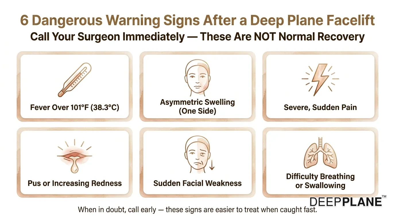 Six dangerous warning signs after deep plane facelift requiring immediate surgeon contact: fever over 101 F, asymmetric swelling, severe sudden pain, pus or increasing redness, sudden facial weakness, difficulty breathing or swallowing