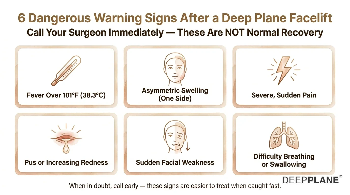 Six dangerous warning signs after deep plane facelift requiring immediate surgeon contact: fever over 101 F, asymmetric swelling, severe sudden pain, pus or increasing redness, sudden facial weakness, difficulty breathing or swallowing