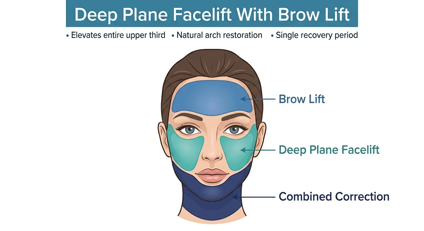 Combined deep plane facelift with brow lift — forehead, midface, and lower face zones color-coded on female portrait