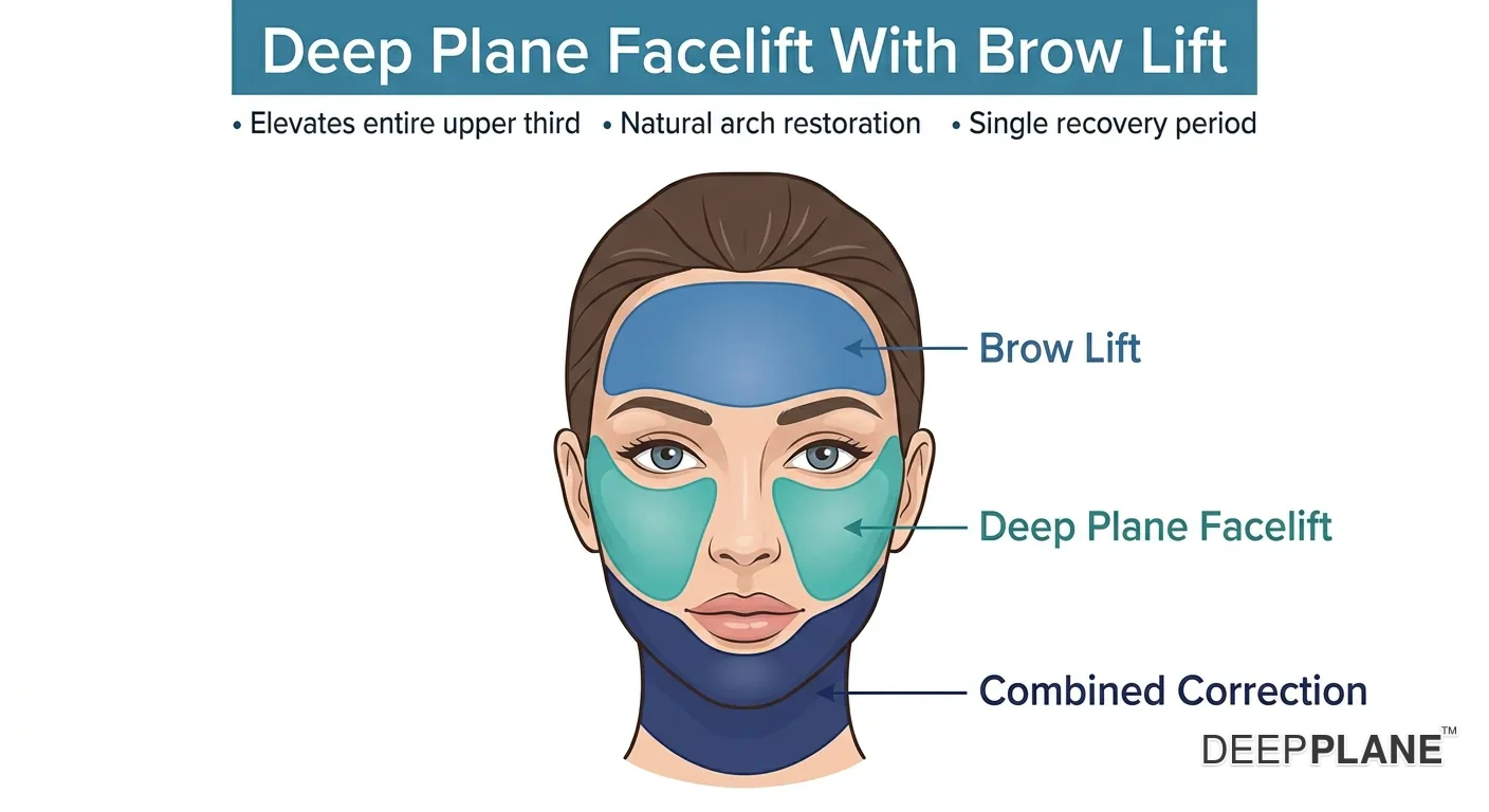 Combined deep plane facelift with brow lift — forehead, midface, and lower face zones color-coded on female portrait