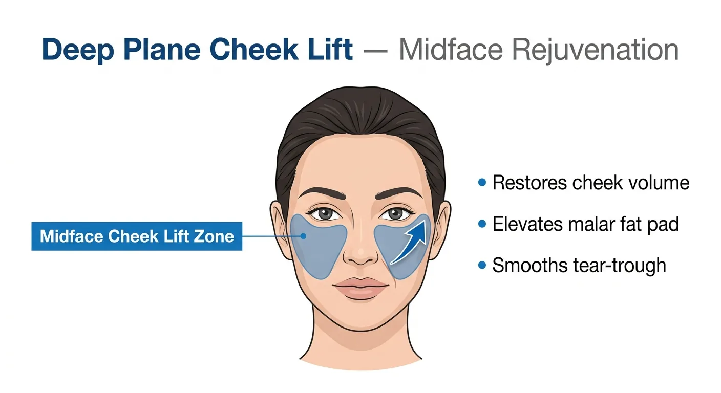 Deep plane cheek lift midface rejuvenation — shaded cheek lift zone with tear-trough smoothing and malar fat pad elevation