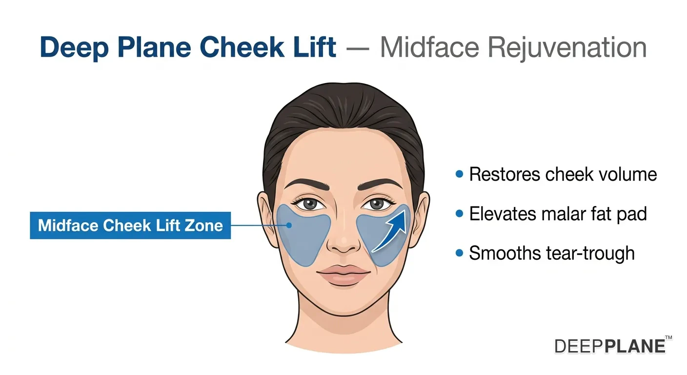Deep plane cheek lift midface rejuvenation — shaded cheek lift zone with tear-trough smoothing and malar fat pad elevation