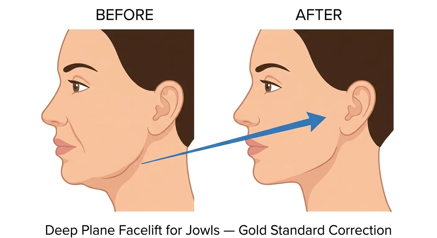 Deep plane facelift correction of sagging jowls — before and after side-by-side profile with lift vector arrow
