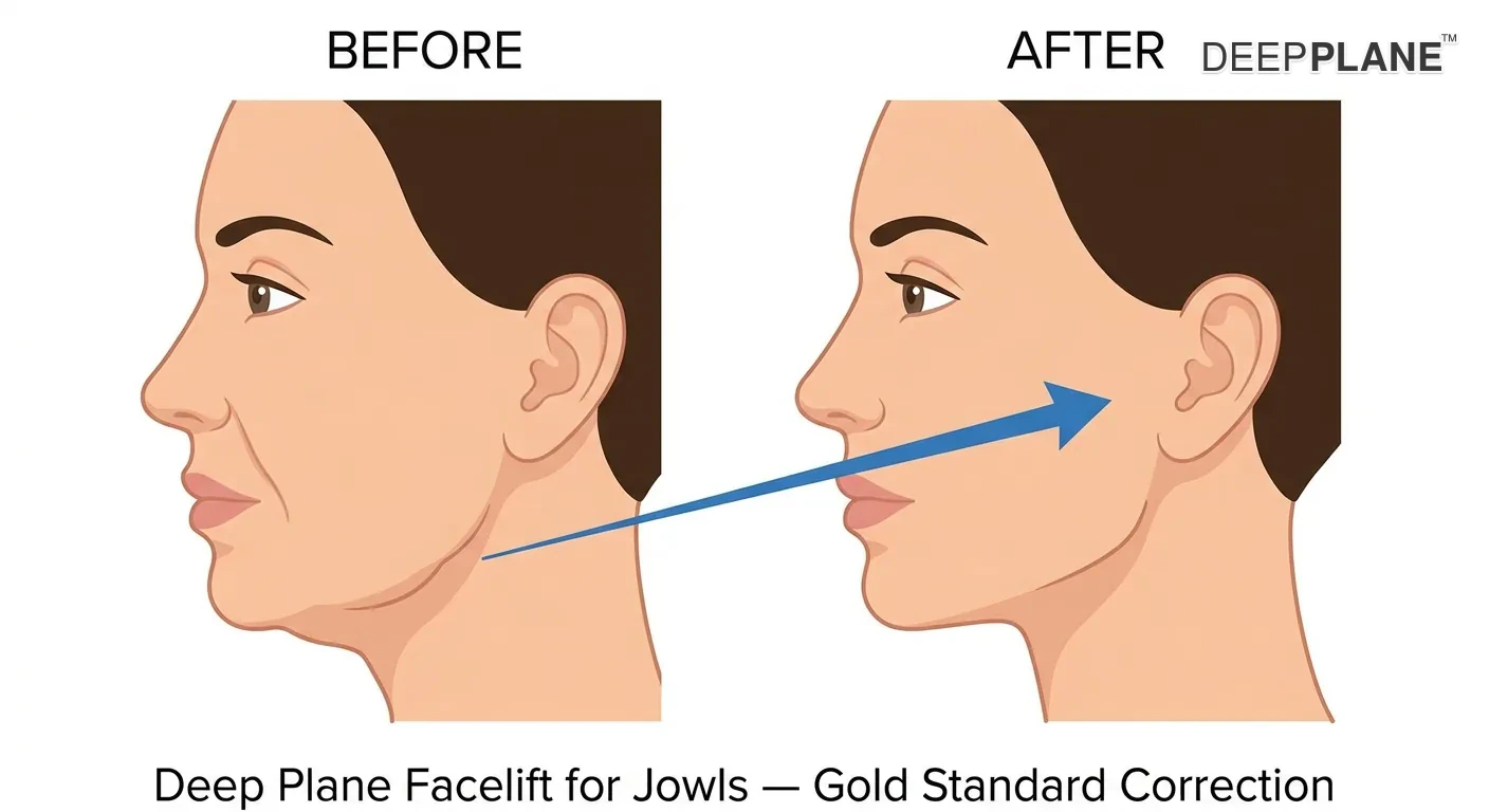 Deep plane facelift correction of sagging jowls — before and after side-by-side profile with lift vector arrow