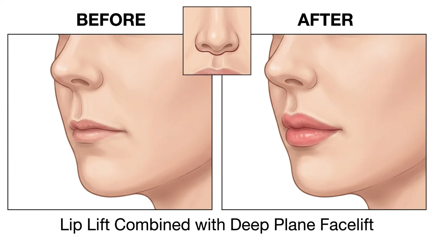 Lip lift combined with deep plane facelift — before and after of lower face showing shortened upper lip and fuller vermilion with bullhorn incision inset