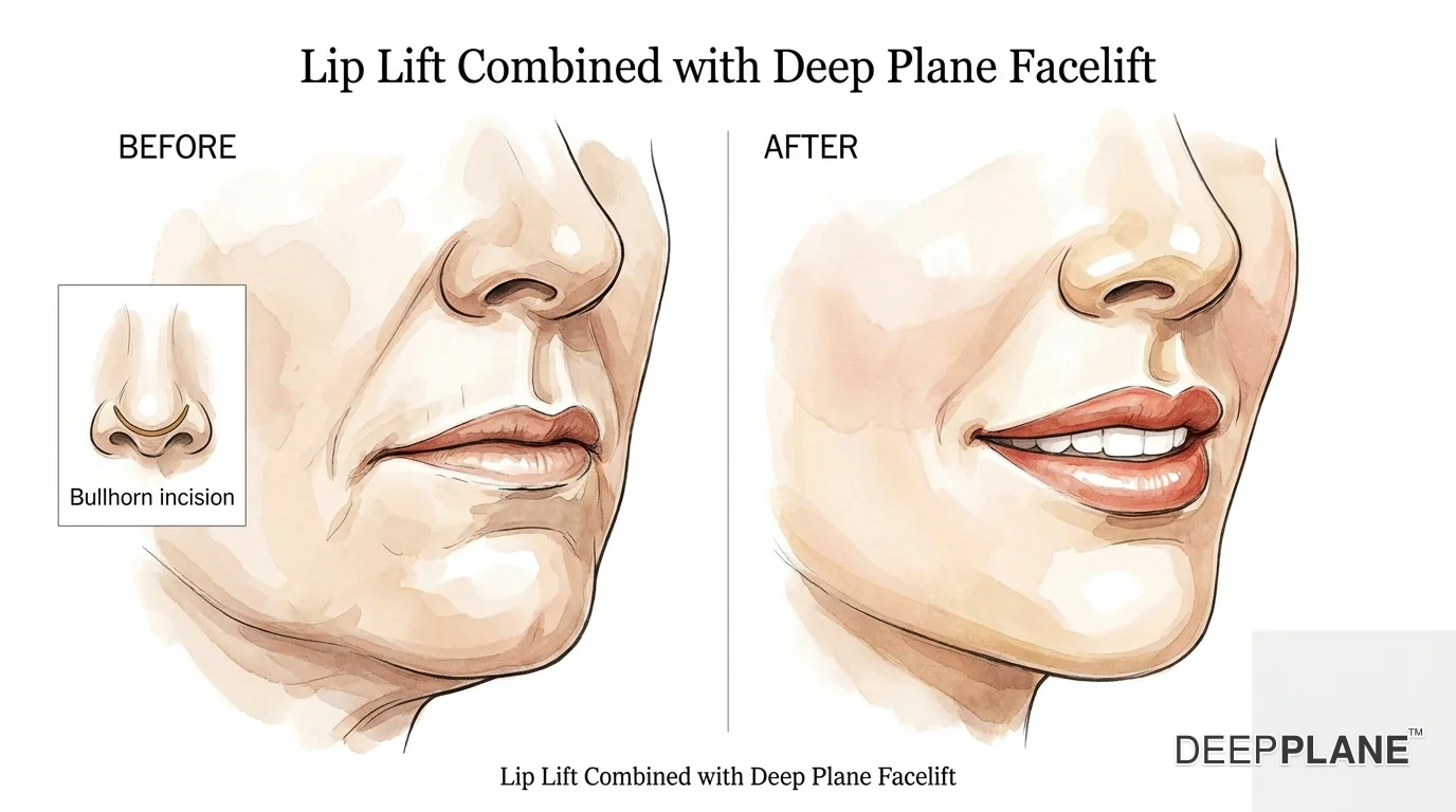 Lip lift combined with deep plane facelift — before and after of lower face showing shortened upper lip and fuller vermilion with bullhorn incision inset