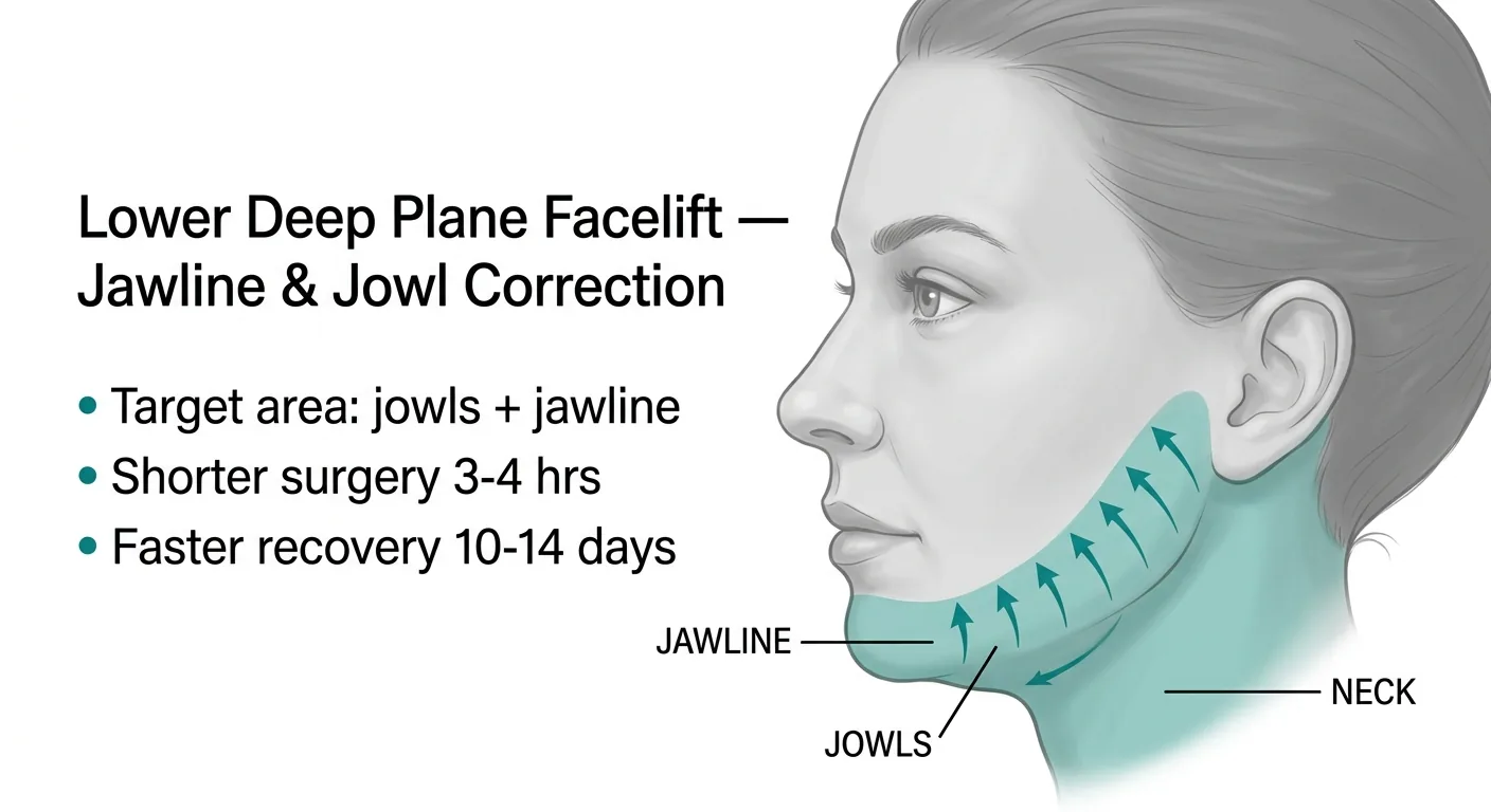 Lower deep plane facelift for jawline and jowl correction — shaded lower face zone with target areas highlighted