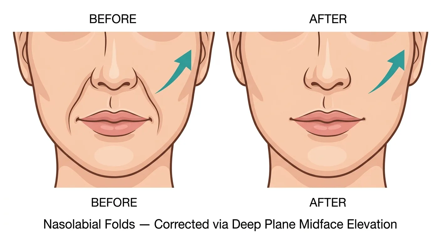 Nasolabial folds corrected via deep plane midface elevation — before and after close-up of mouth area