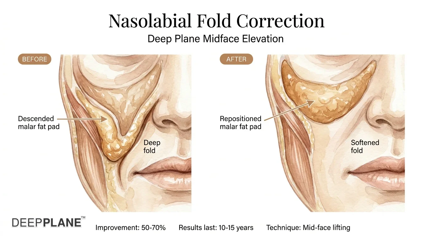 Nasolabial folds corrected via deep plane midface elevation — before and after close-up of mouth area